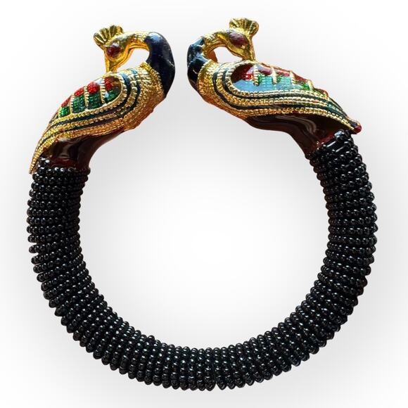 Vintage Black Beaded Peacock Bracelet - Picture 1 of 6